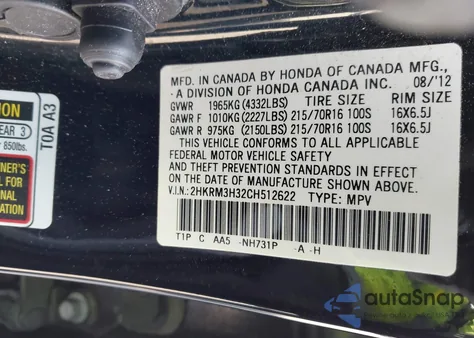 2012 Honda Cr-V Lx from USA, damaged, VIN 2HKRM3H32CH512622